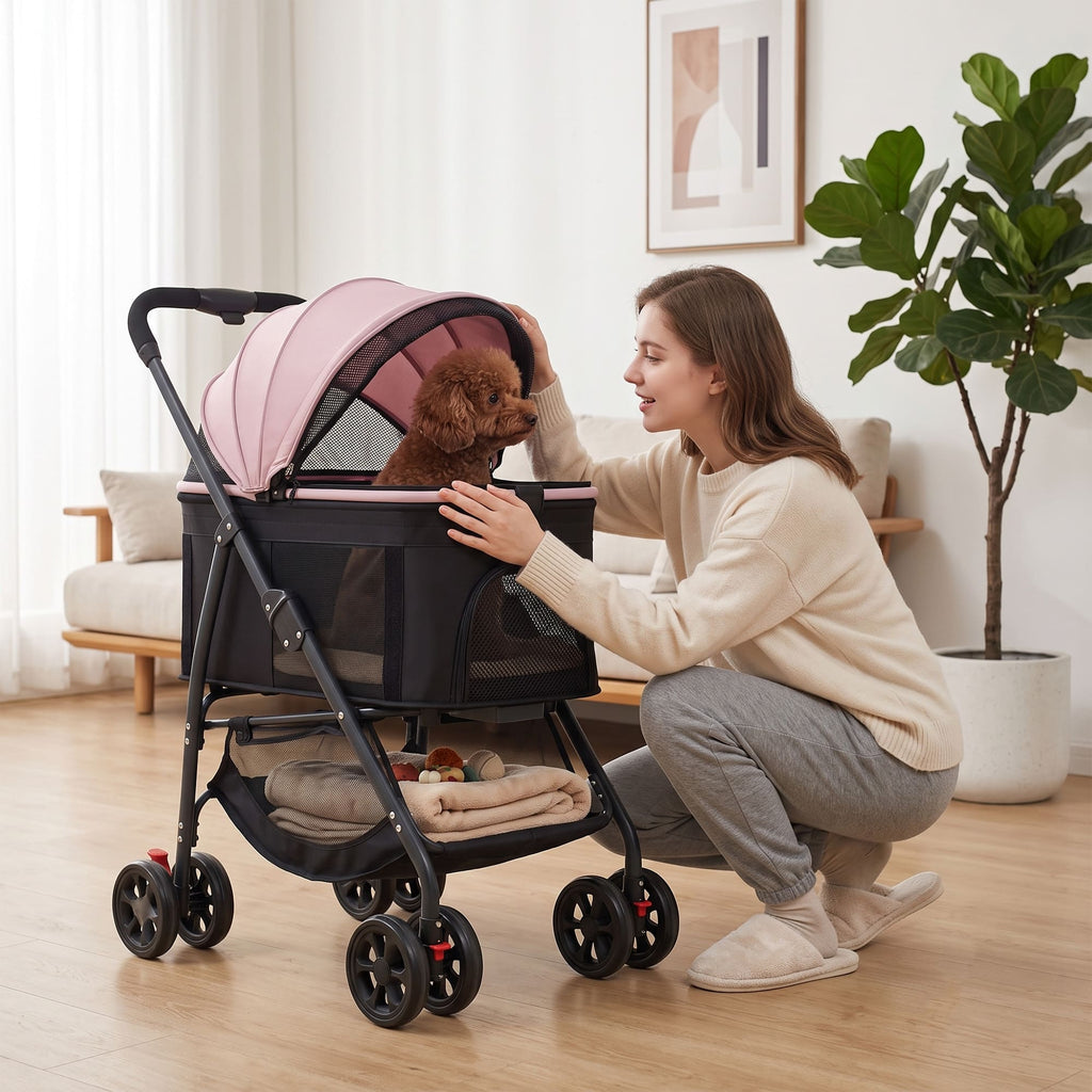 Woman interacting with small dog in pink pet stroller indoors