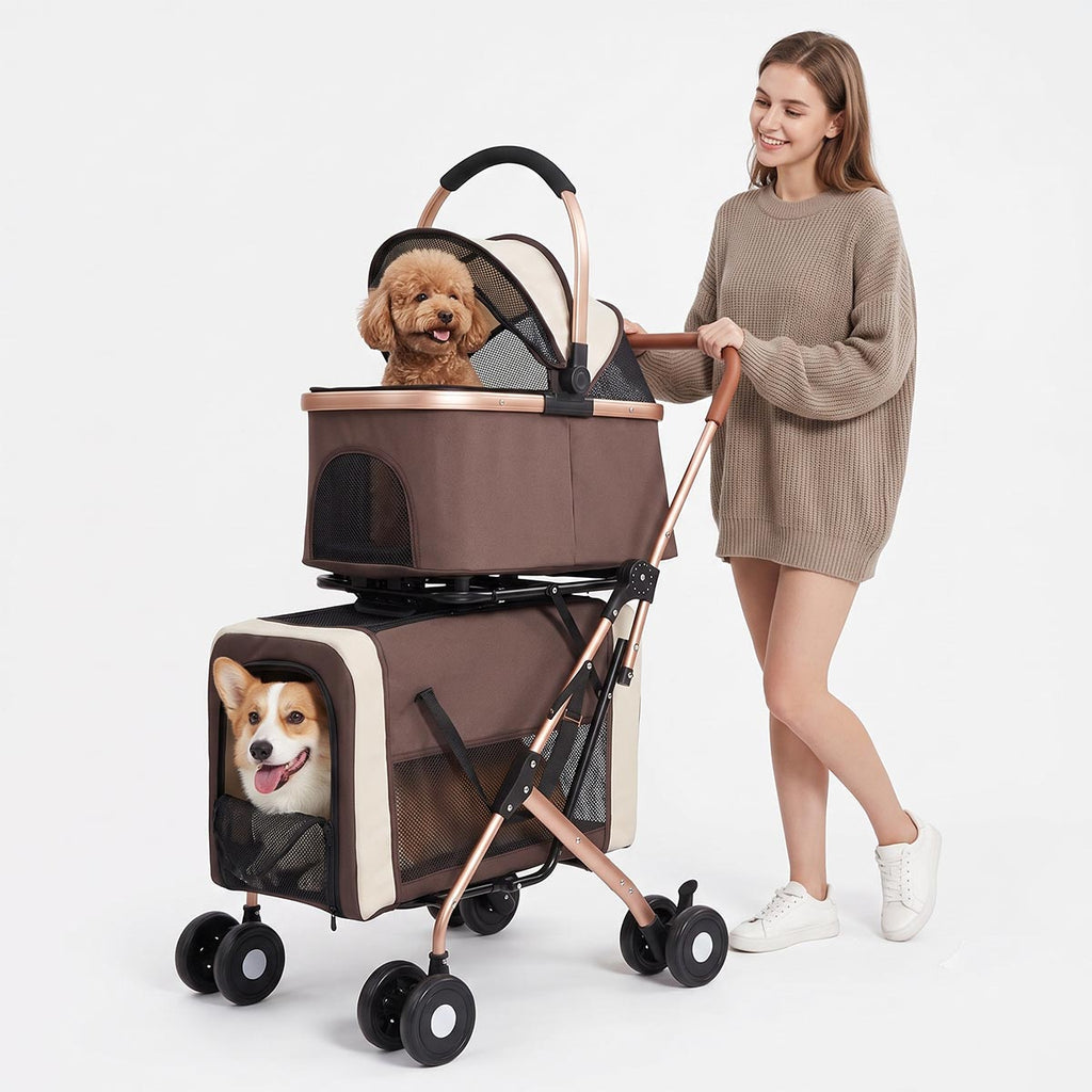 3-in-1 Double Pet Stroller with Detachable Carriers for Dogs & Cats(Khaki)