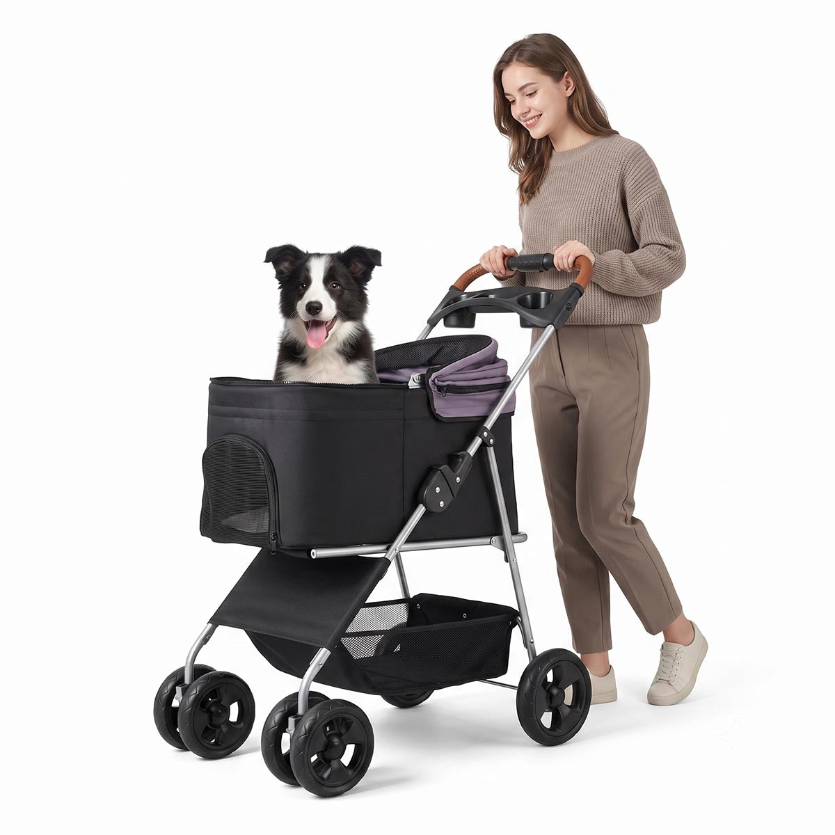 Foldable 4-Wheel Pet Stroller with Detachable Carrier for Dogs and Cats