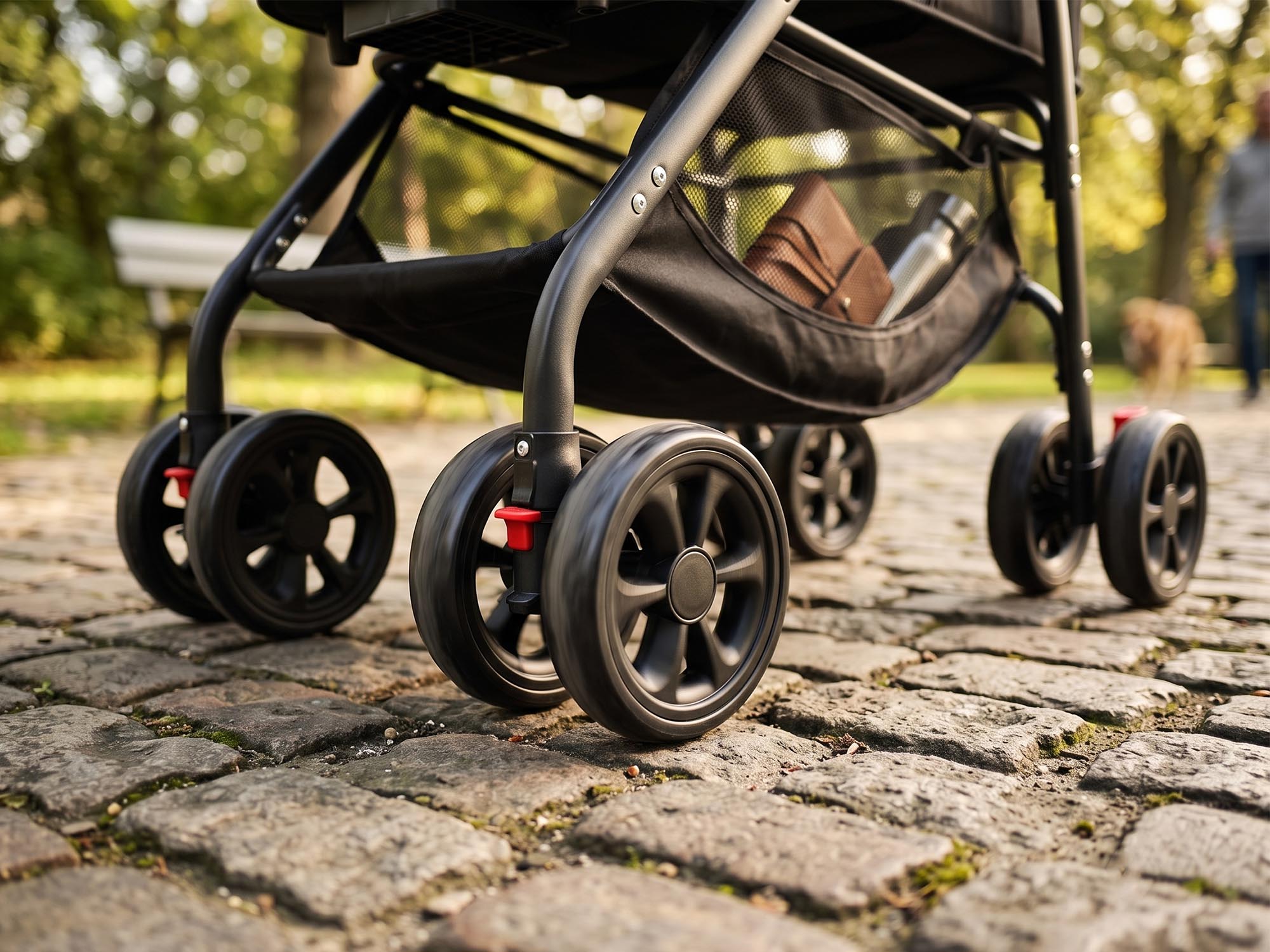 A low-angle close-up shot focusing on the sturdy, 360-degree front wheels of a black pet stroller rolling smoothly over a textured cobblestone path. The under-carriage storage basket is visible holding a brown wallet and a silver water bottle, set against a blurred, sunny park background.