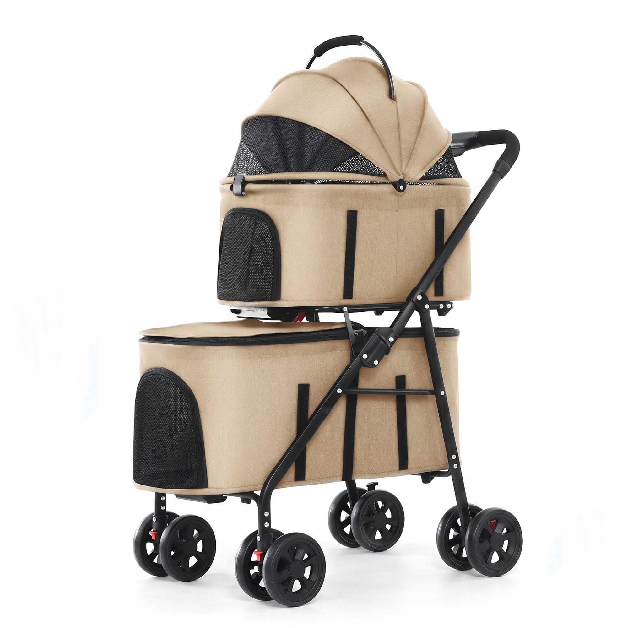 Beige detachable double pet stroller with two carrier seats and breathable mesh windows