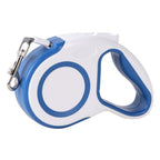 Blue retractable dog leash with ergonomic rubber grip and metal hook