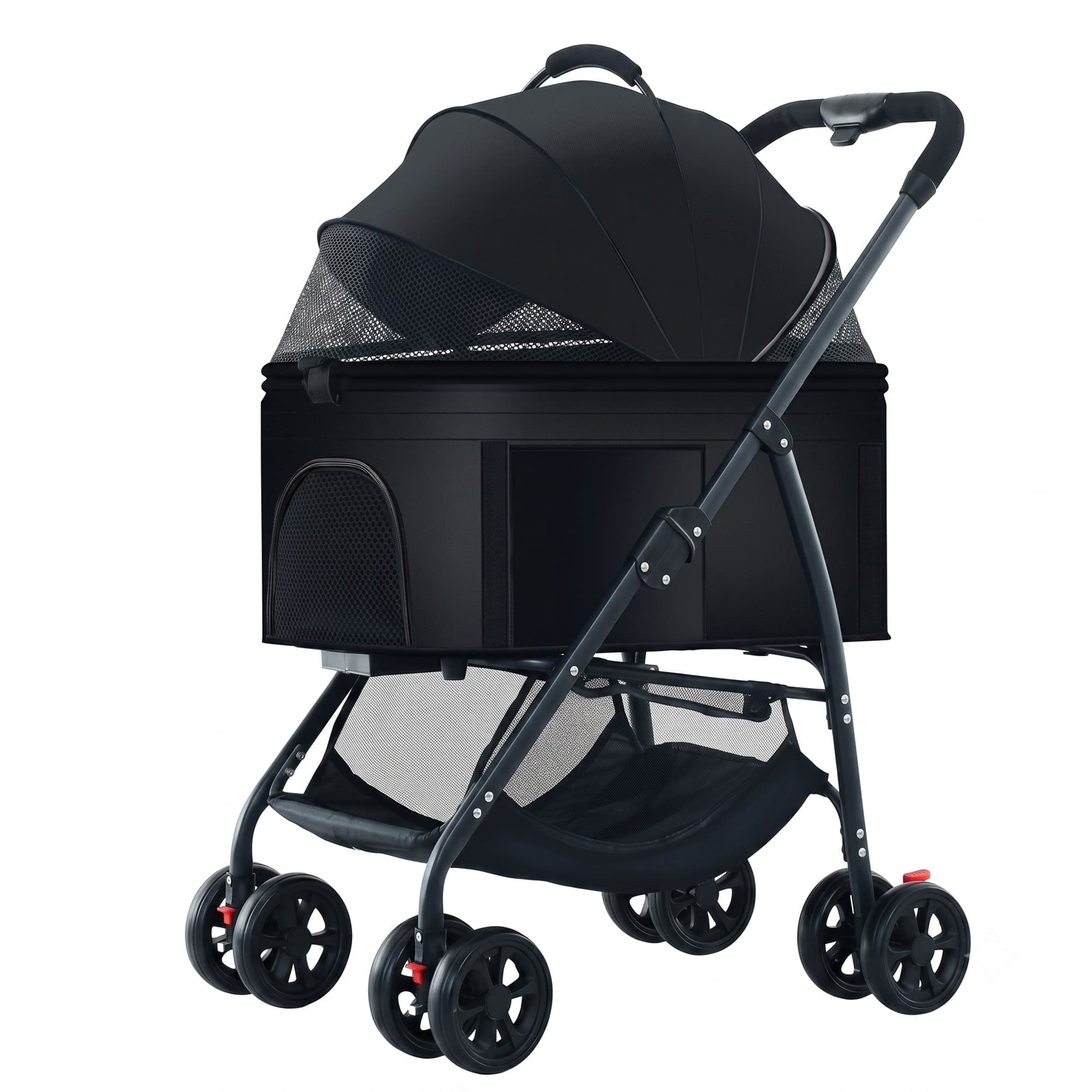 Black multi-function pet stroller with detachable carrier and breathable mesh canopy