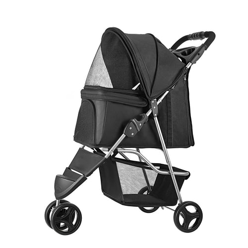 Black three-wheel foldable pet stroller with enclosed cabin