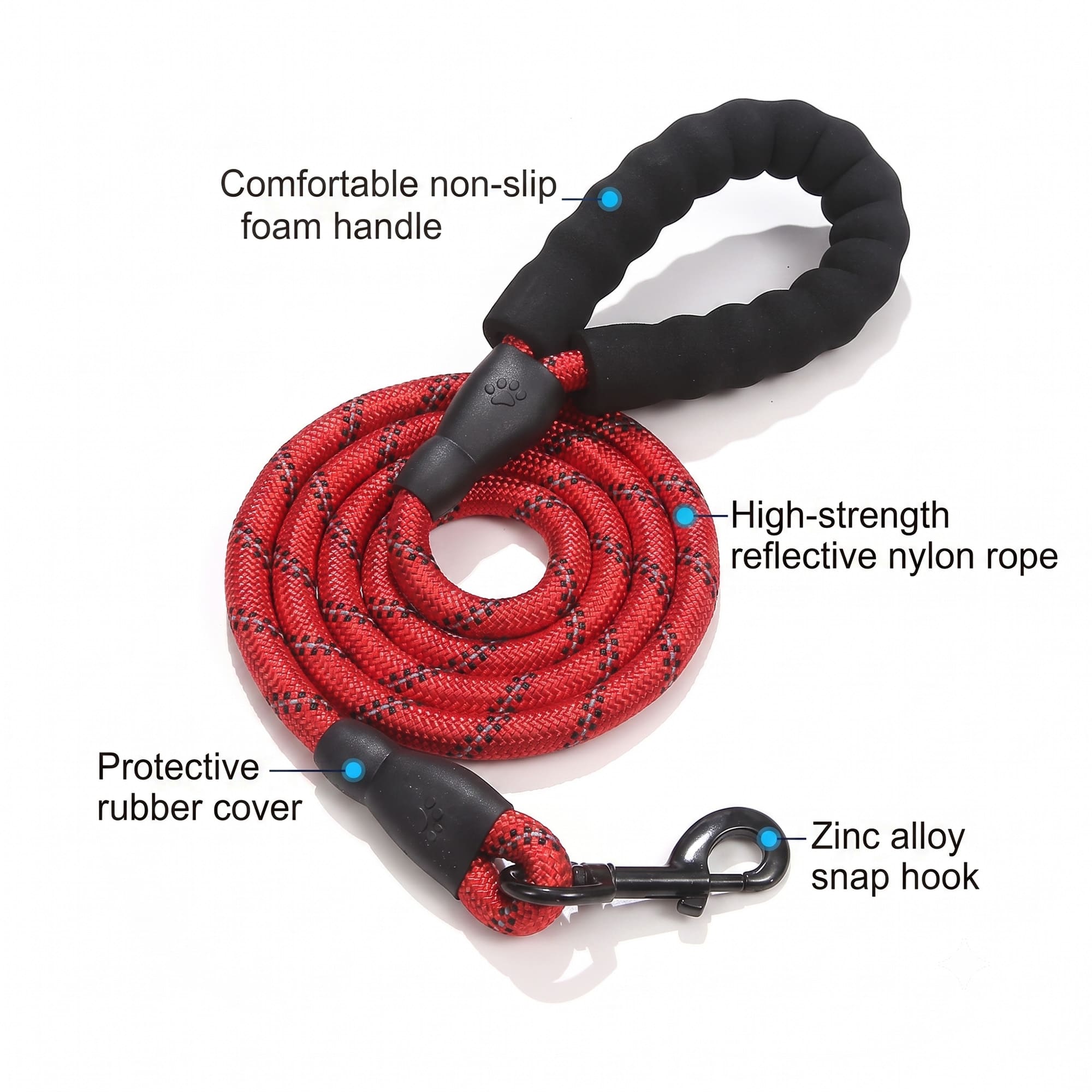 Red reflective nylon dog leash with padded handle and zinc alloy snap hook