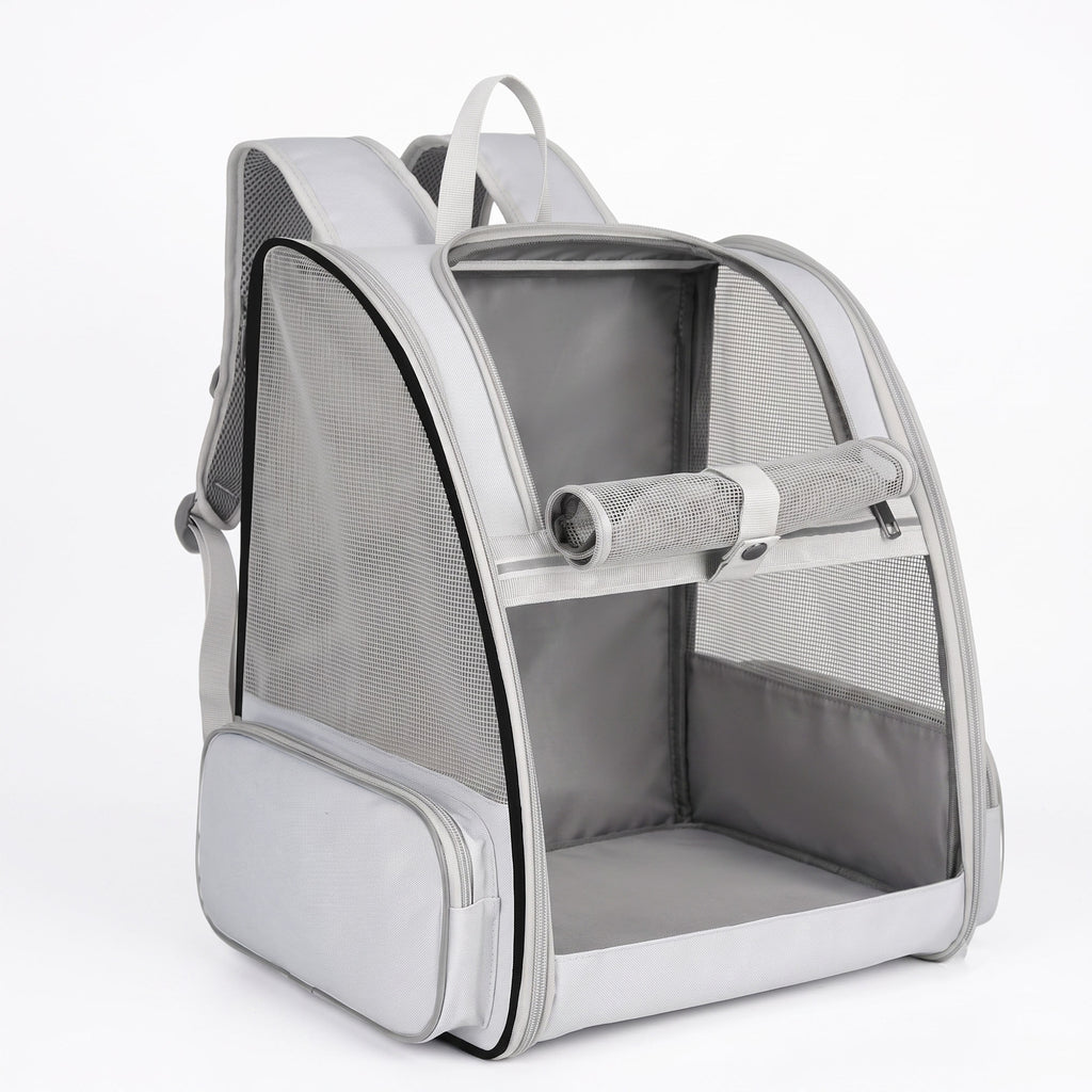 White mesh pet carrier backpack with roll-up front window and side pocket