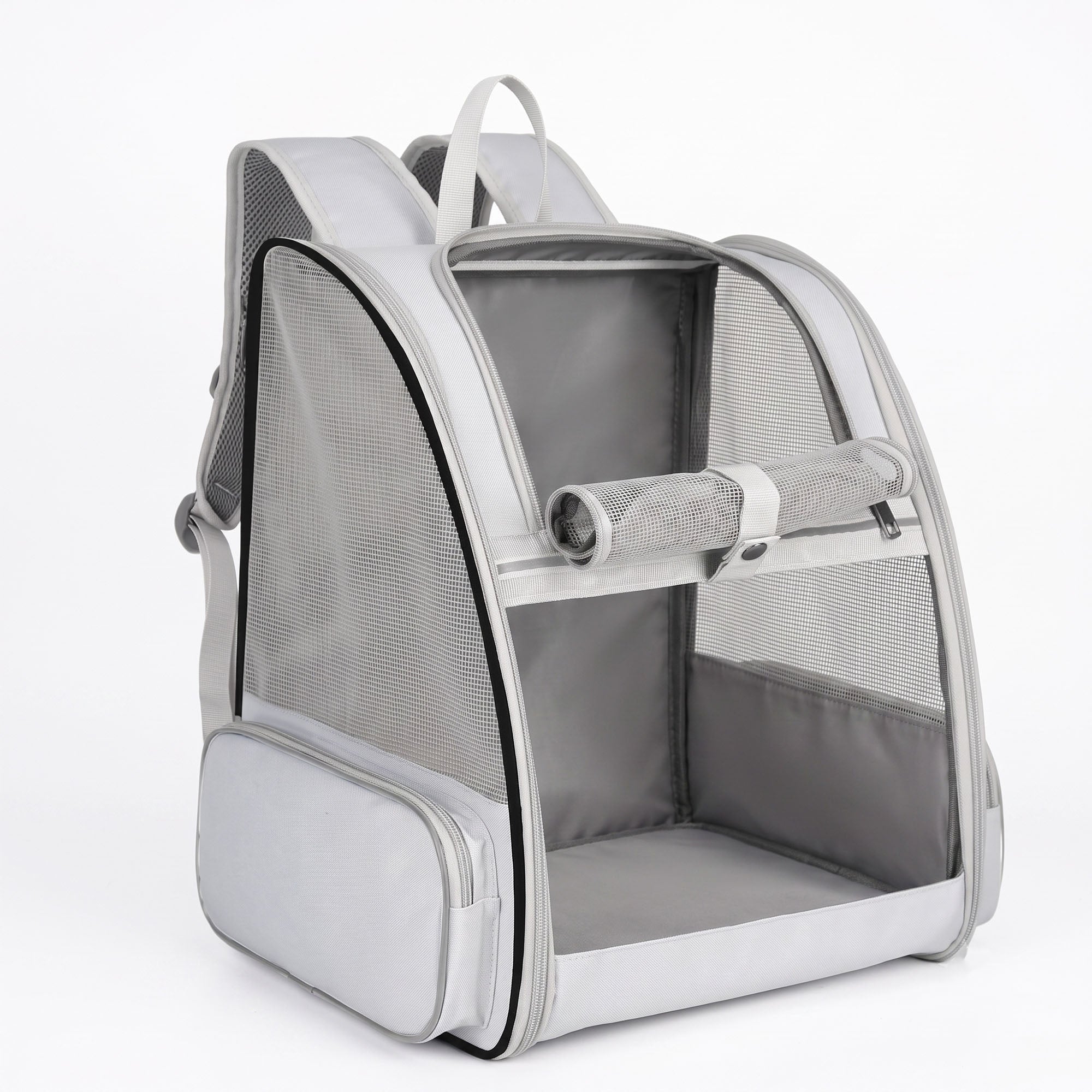 White mesh pet carrier backpack with roll-up front window and side pocket