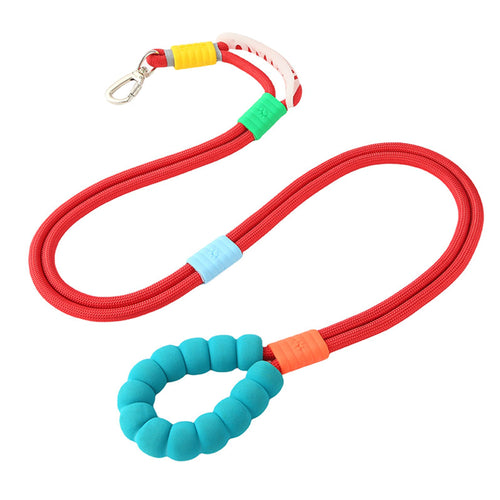 Red nylon dog leash with foam handle, silicone slider rings, and alloy clasp