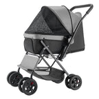 Side view of black foldable 4-wheel pet stroller with canopy and storage basket