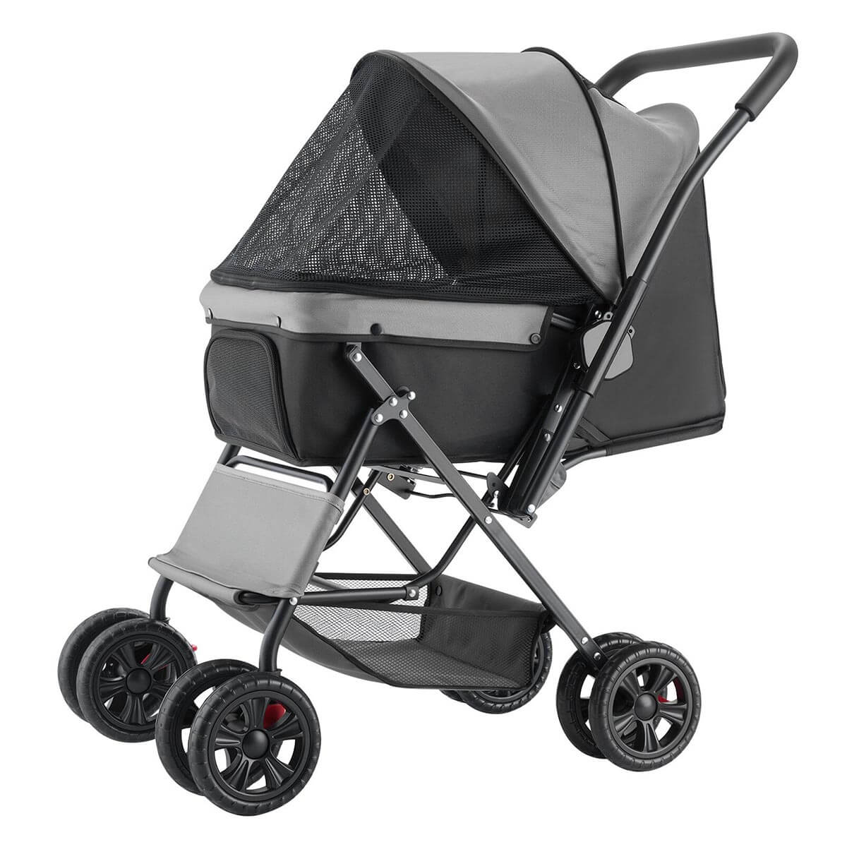 Side view of black foldable 4-wheel pet stroller with canopy and storage basket