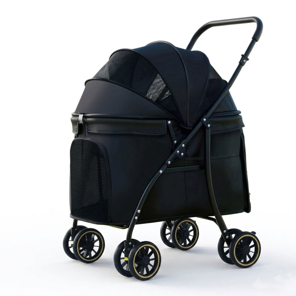 Black foldable pet stroller for medium and large dogs and cats