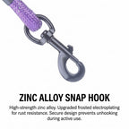 Close up of zinc alloy snap hook on purple reflective dog leash