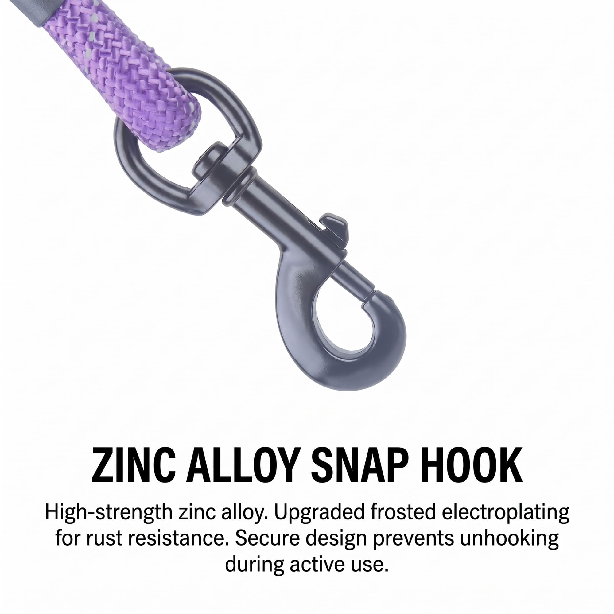 Close up of zinc alloy snap hook on purple reflective dog leash