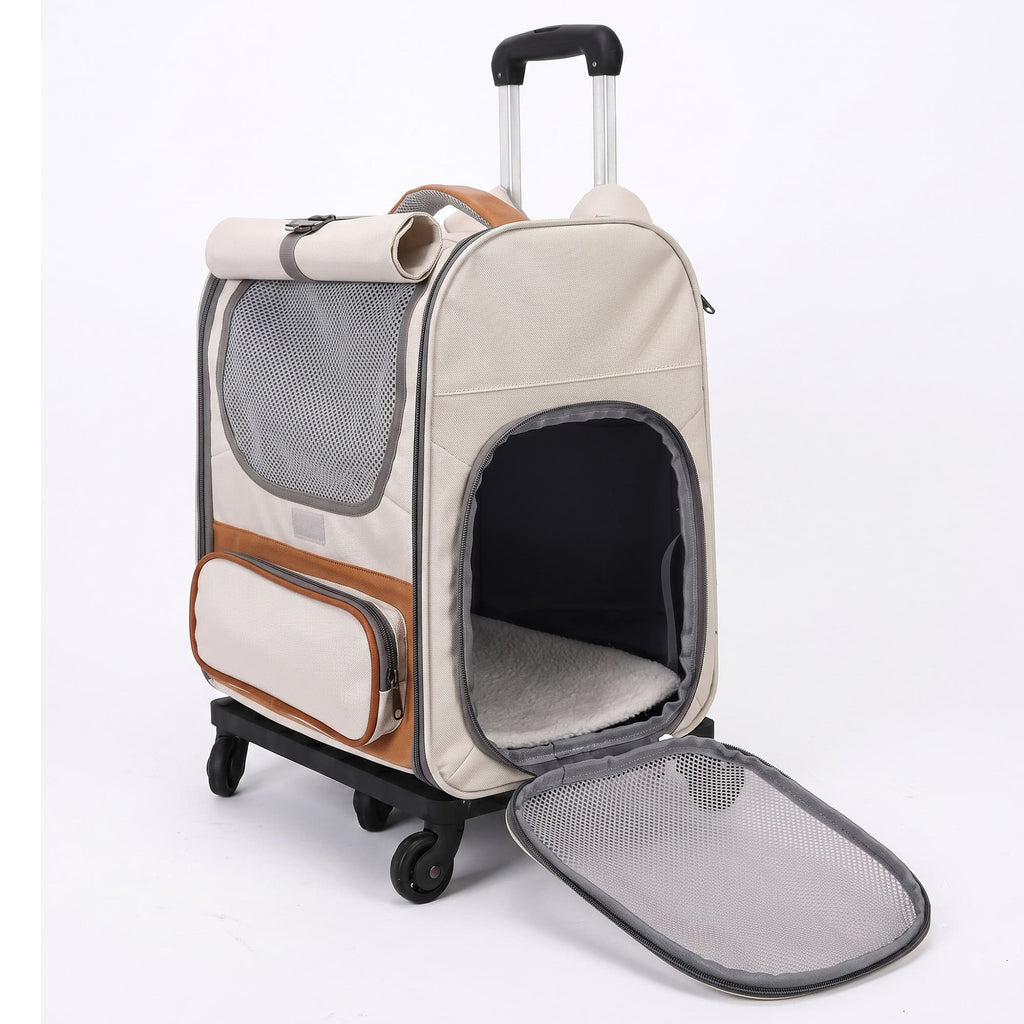 White wheeled pet carrier backpack with front door open and soft interior pad