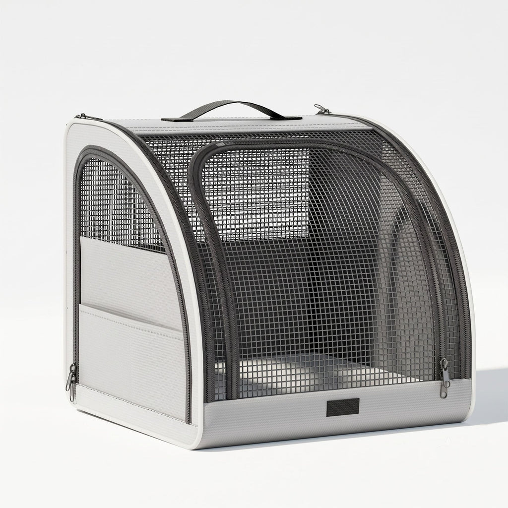 Gray foldable pet carrier and car crate with mesh windows and top handle