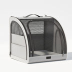 Gray foldable pet carrier and car crate with mesh windows and top handle