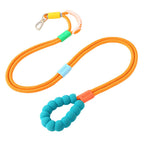 Orange nylon dog leash with foam handle, silicone slider rings, and alloy clasp