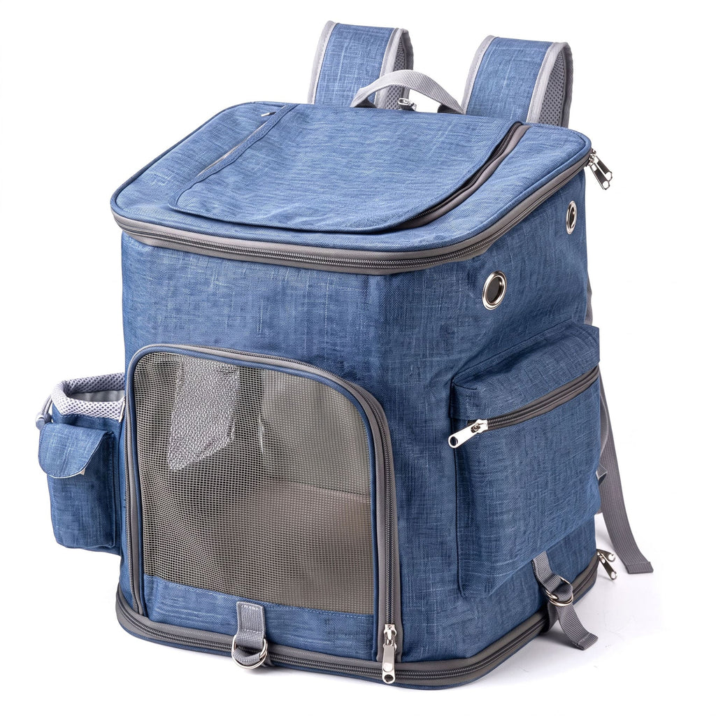 Blue pet carrier backpack with front mesh door, side pockets, and top opening