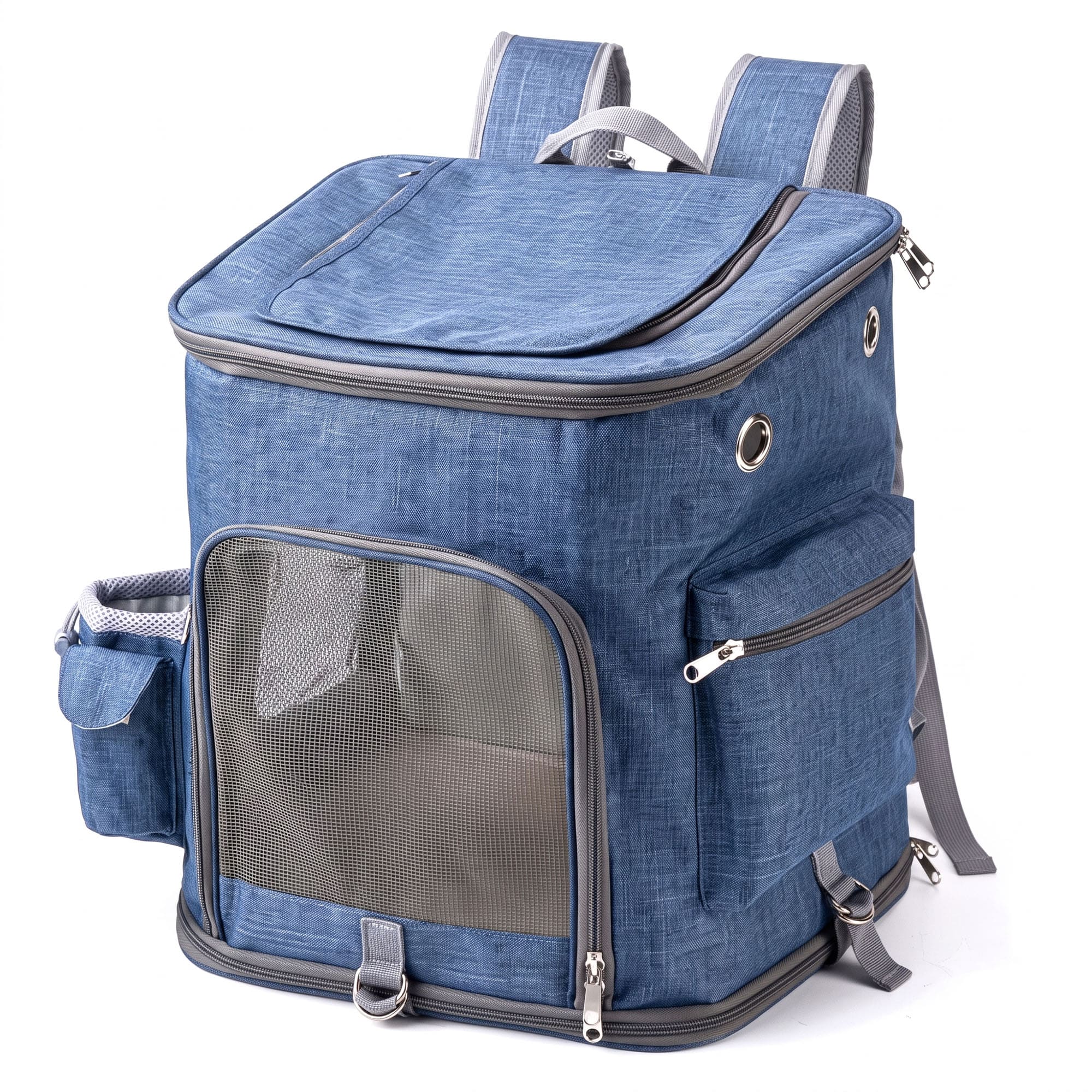 Blue pet carrier backpack with front mesh door, side pockets, and top opening