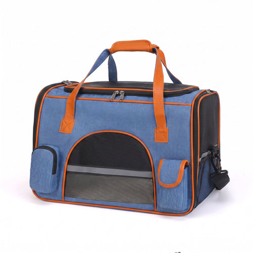 Blue breathable pet carrier tote with mesh windows and side storage pockets
