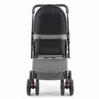 Front view of black 4-wheel pet stroller showing the enclosed cabin and mesh window