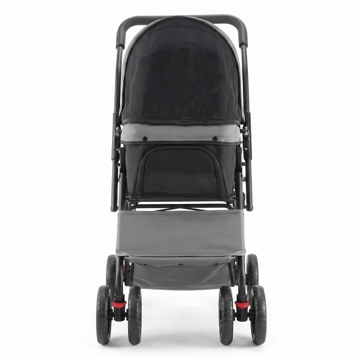 Front view of black 4-wheel pet stroller showing the enclosed cabin and mesh window