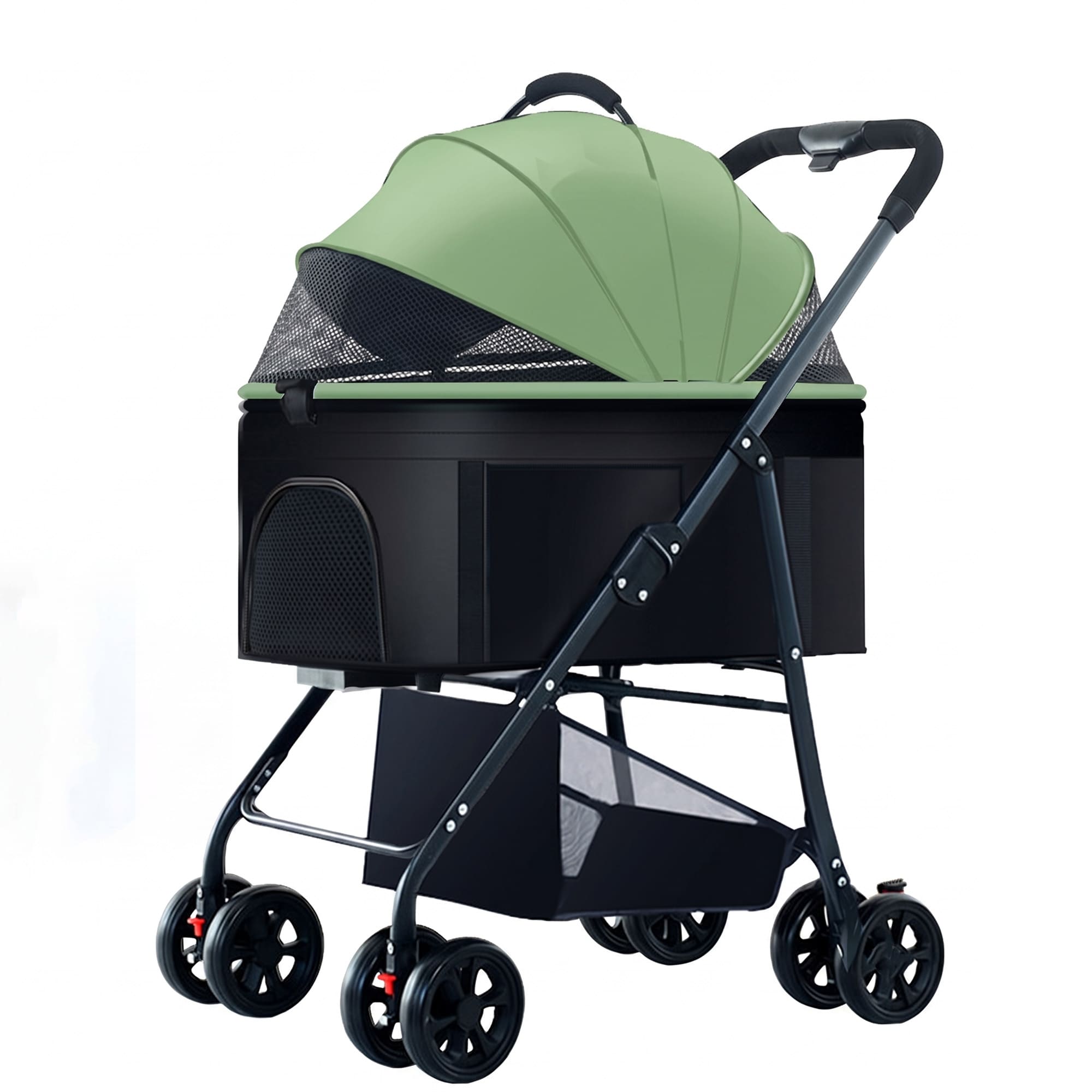 Green multi-function pet stroller with detachable carrier and breathable mesh canopy