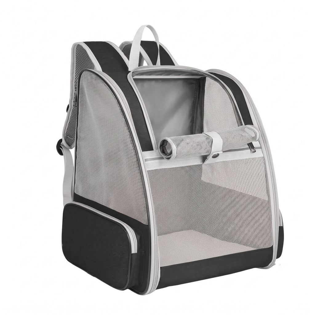 Gray mesh pet carrier backpack with roll-up front window and side pocket