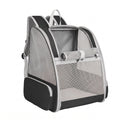 Gray mesh pet carrier backpack with roll-up front window and side pocket