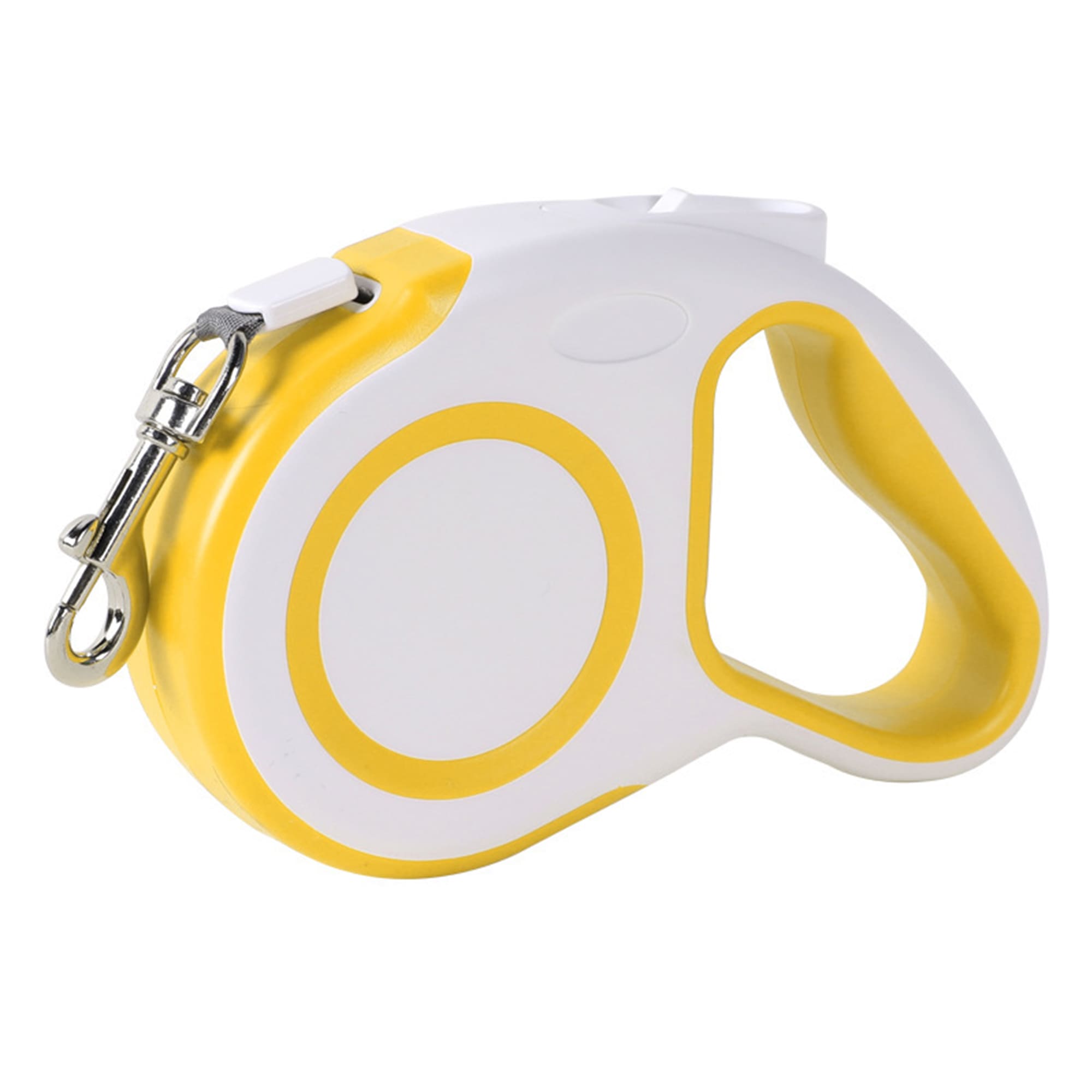 Yellow retractable dog leash with ergonomic rubber grip and metal hook