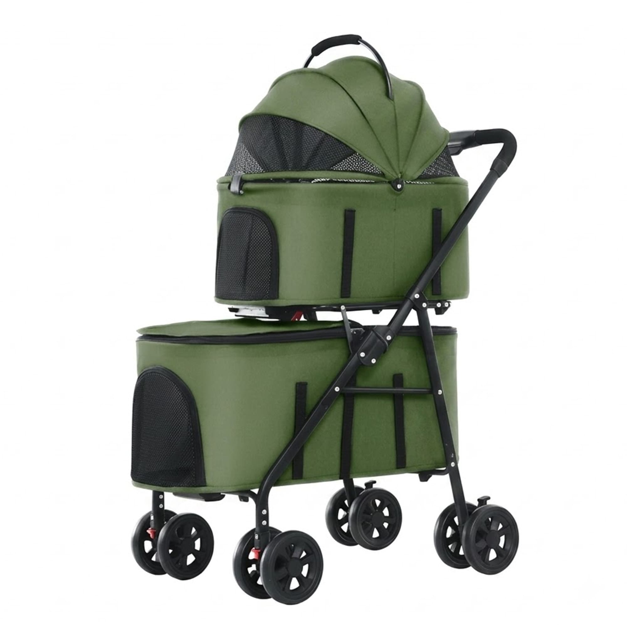 Green double pet stroller with detachable carriers for dogs and cats