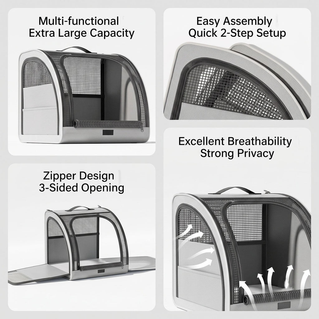 Foldable pet carrier features showing large capacity, breathable mesh, and 3-sided zipper opening