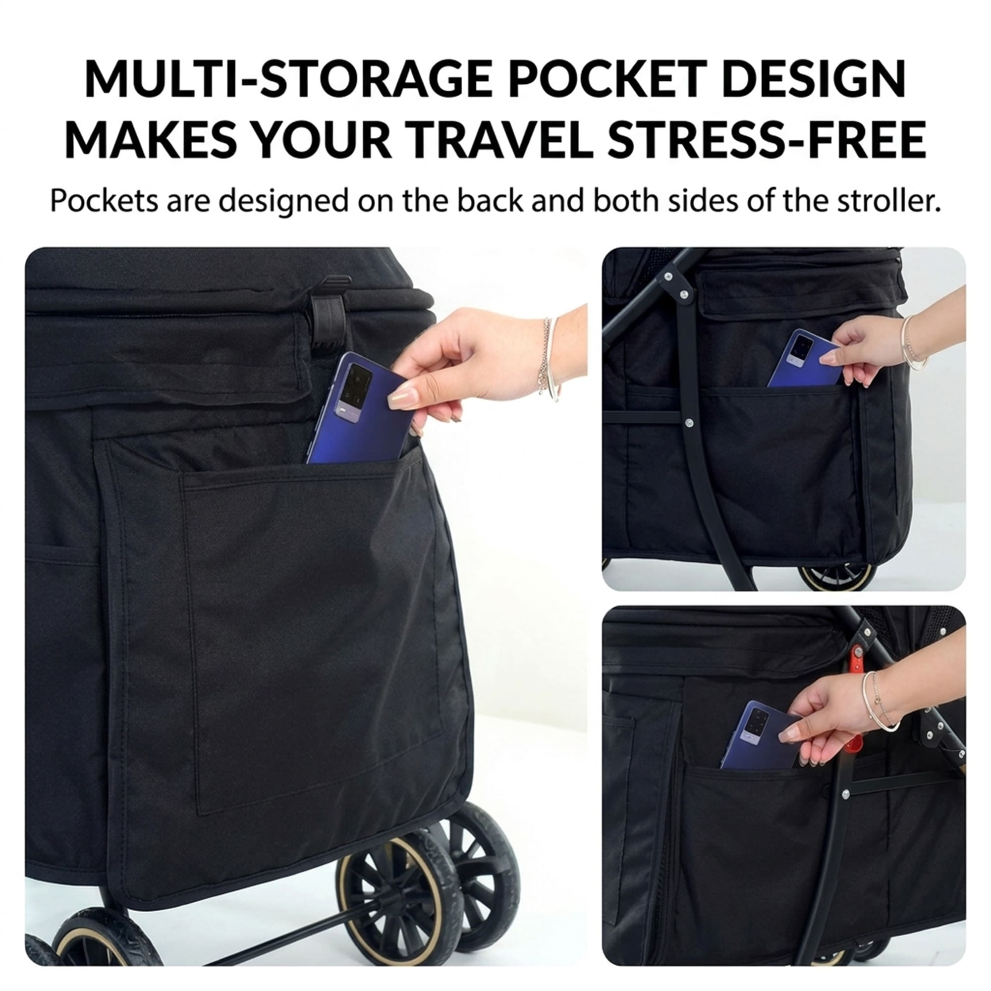 Foldable pet stroller with multi storage pockets for outdoor travel