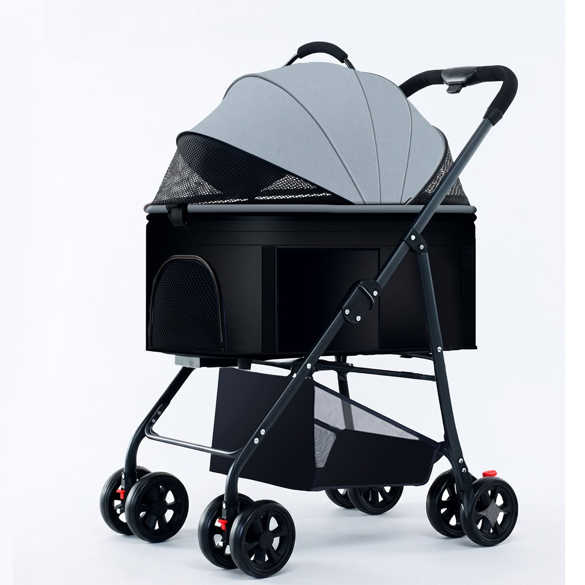 Blue multi-function pet stroller with detachable carrier and breathable mesh canopy