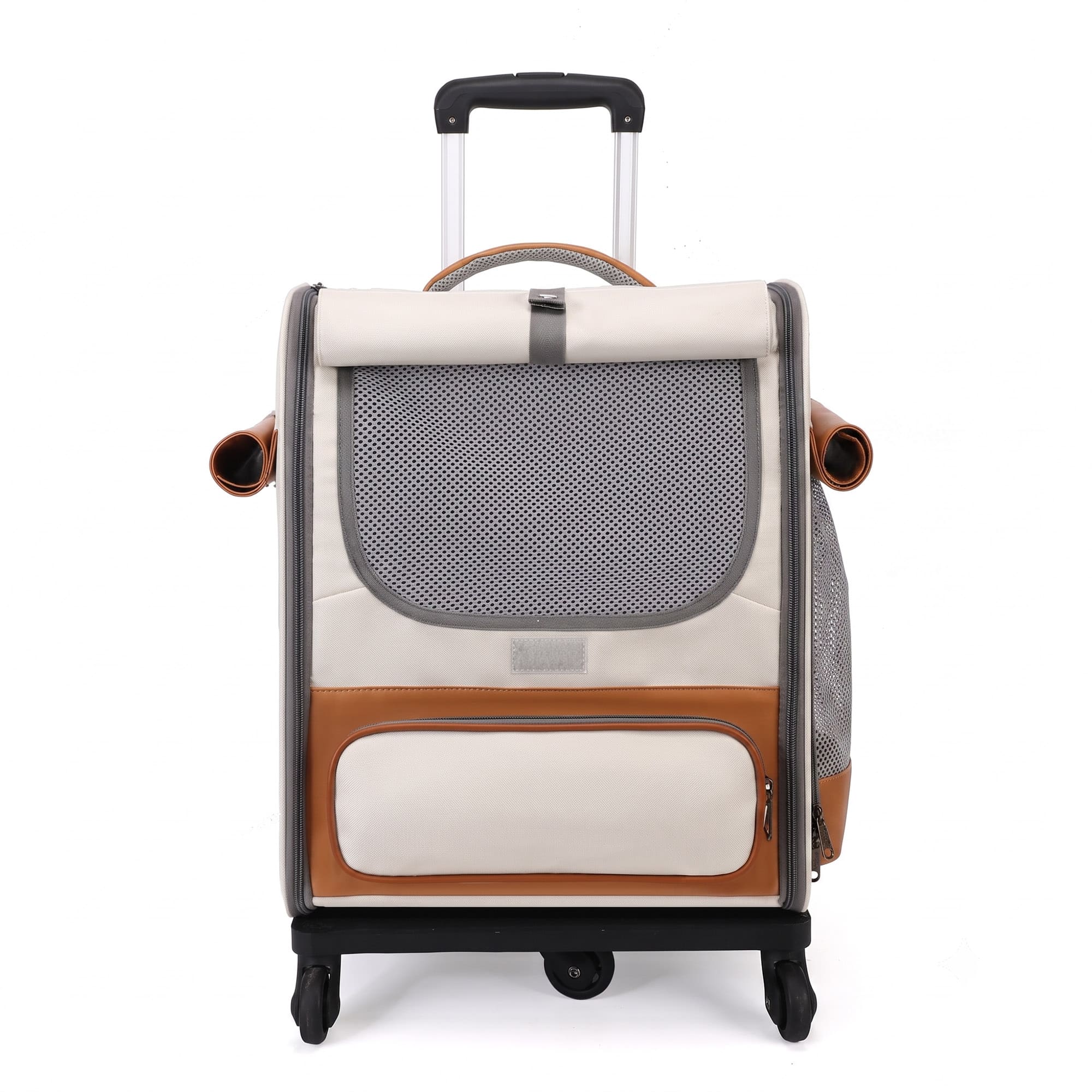 White pet luggage carrier with mesh front window, trolley handle, and wheels