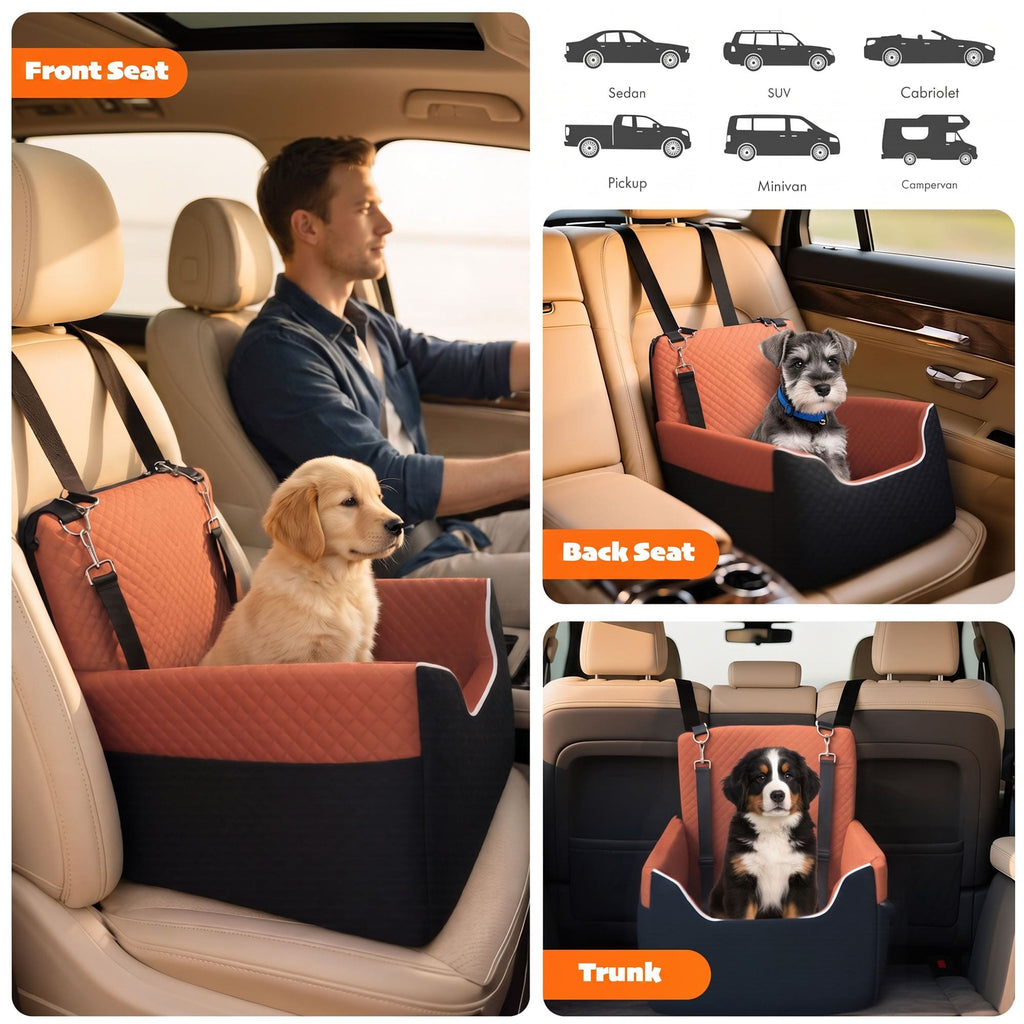 Pet car seat installed on front seat, back seat, and trunk for car travel