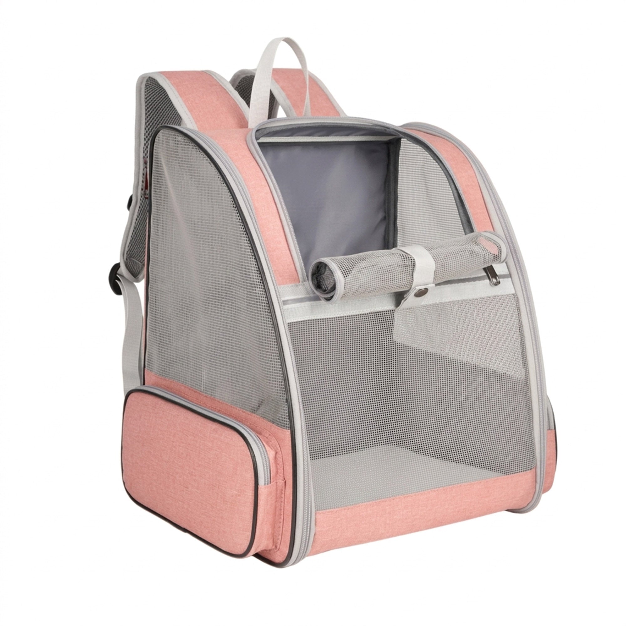 Pink mesh pet carrier backpack with roll-up front window and side pocket