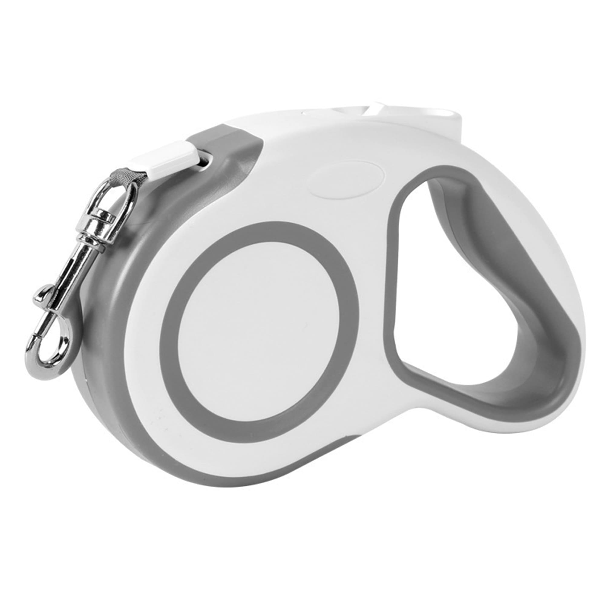 Gray retractable dog leash with ergonomic rubber grip and metal hook