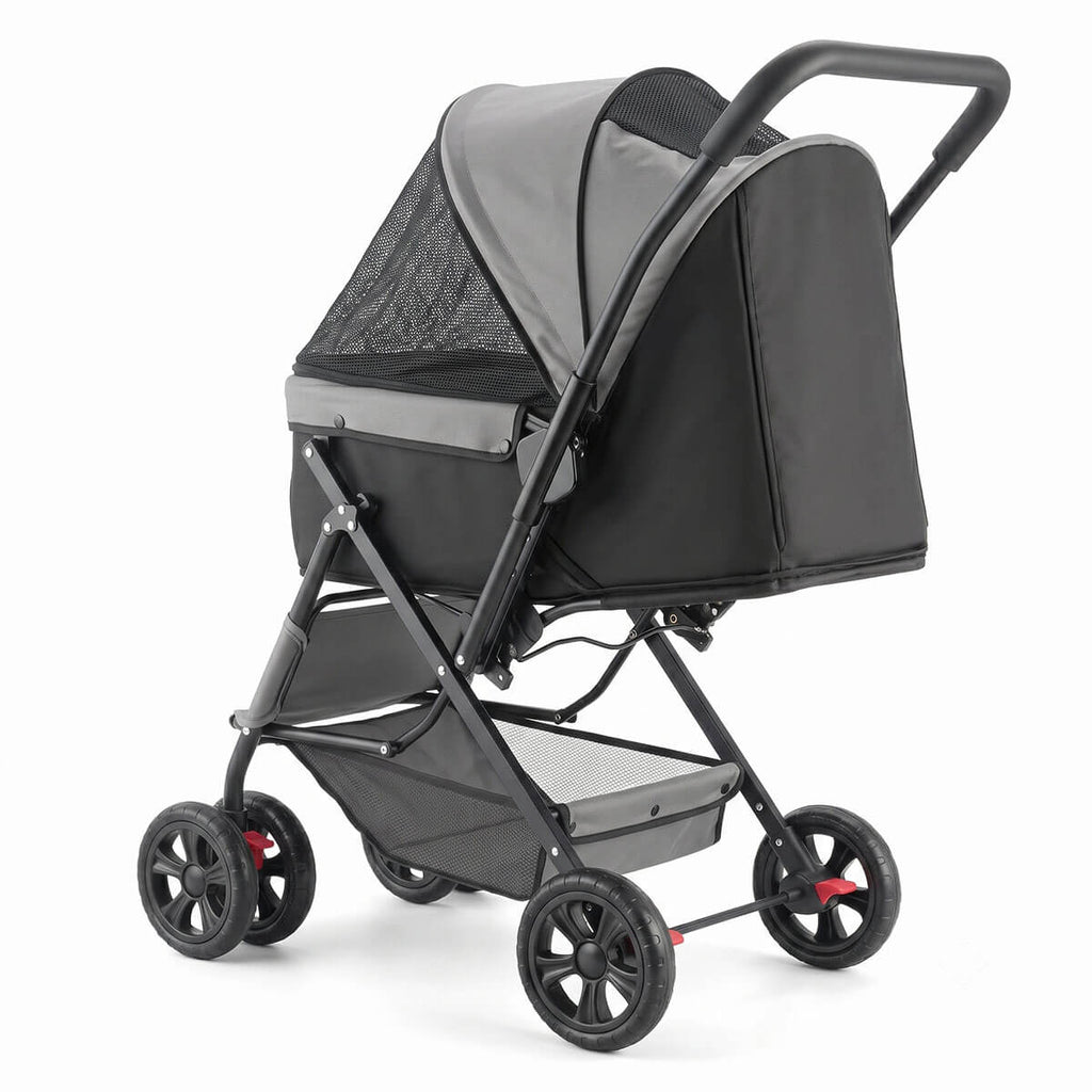 Side view of black pet stroller with reversible handle, canopy, and four wheels