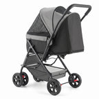 Side view of black pet stroller with reversible handle, canopy, and four wheels
