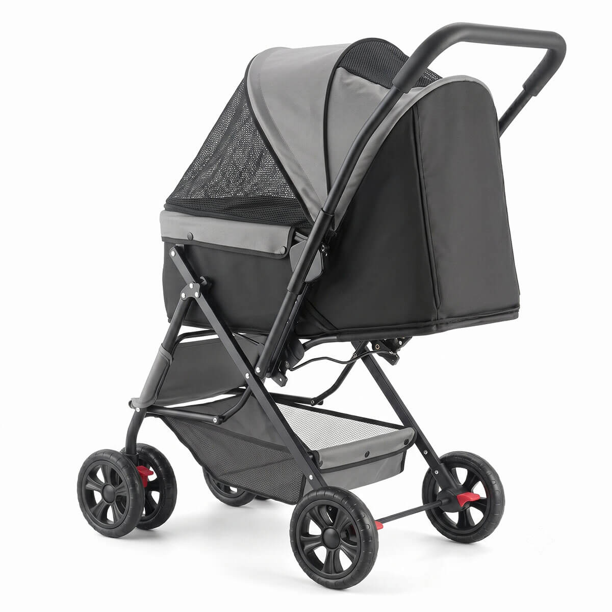 Side view of black pet stroller with reversible handle, canopy, and four wheels