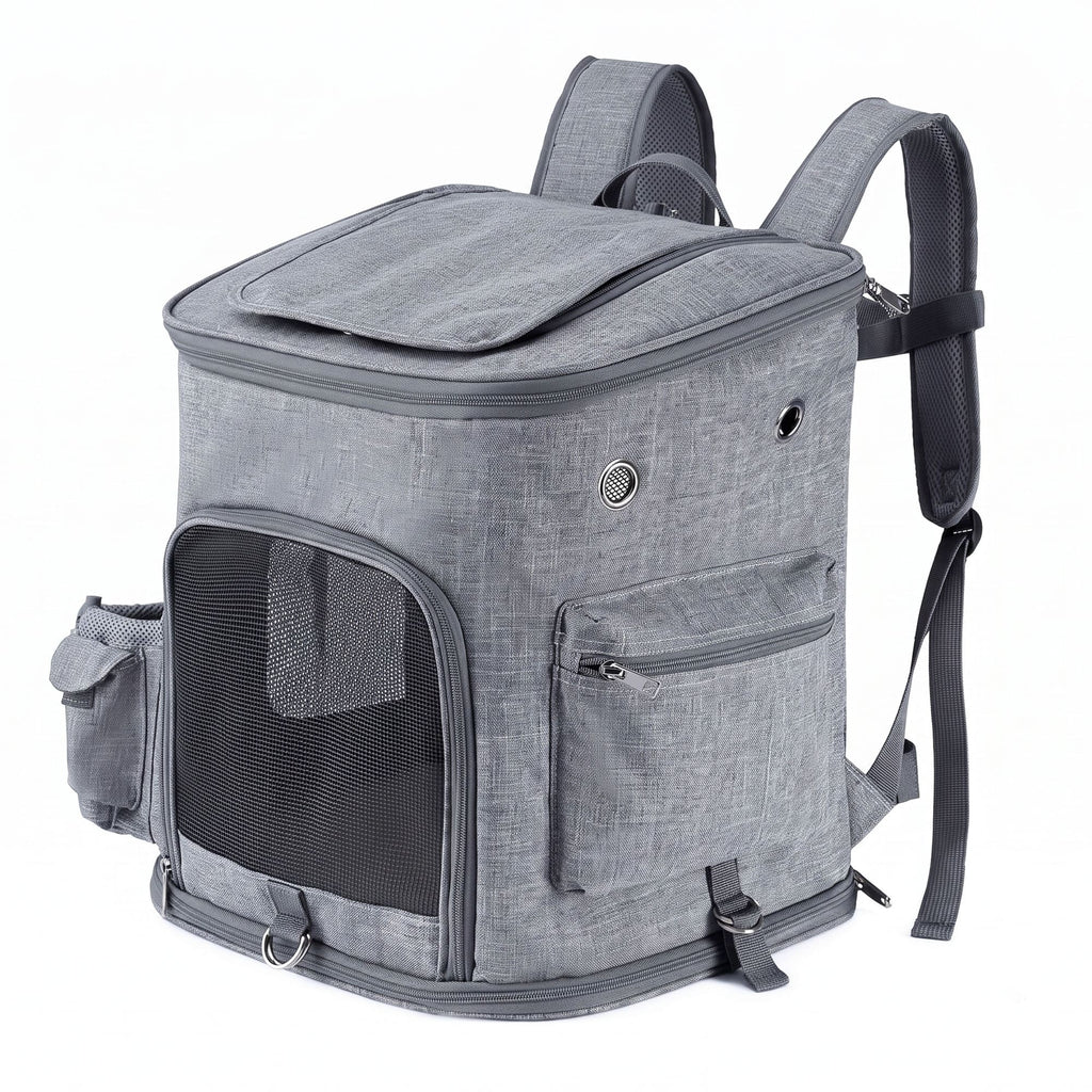 Gray pet carrier backpack with front mesh door, side pockets, and top opening