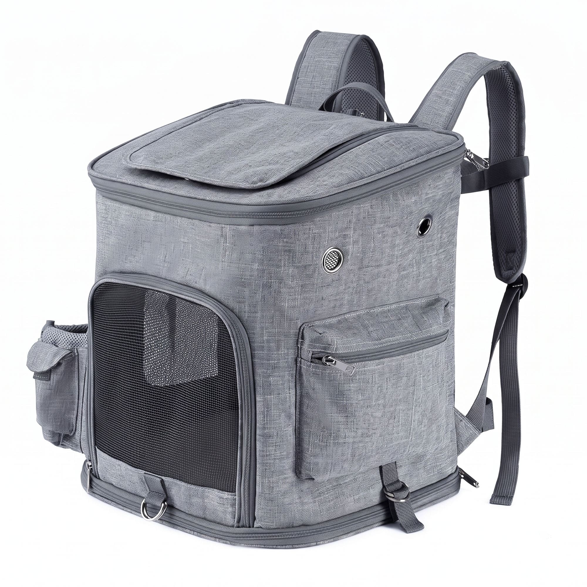 Gray pet carrier backpack with front mesh door, side pockets, and top opening