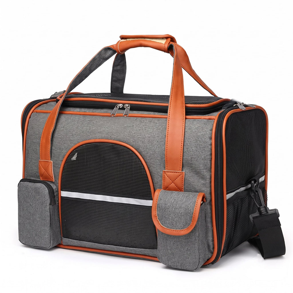 Blue breathable pet carrier tote with mesh windows and side storage pockets