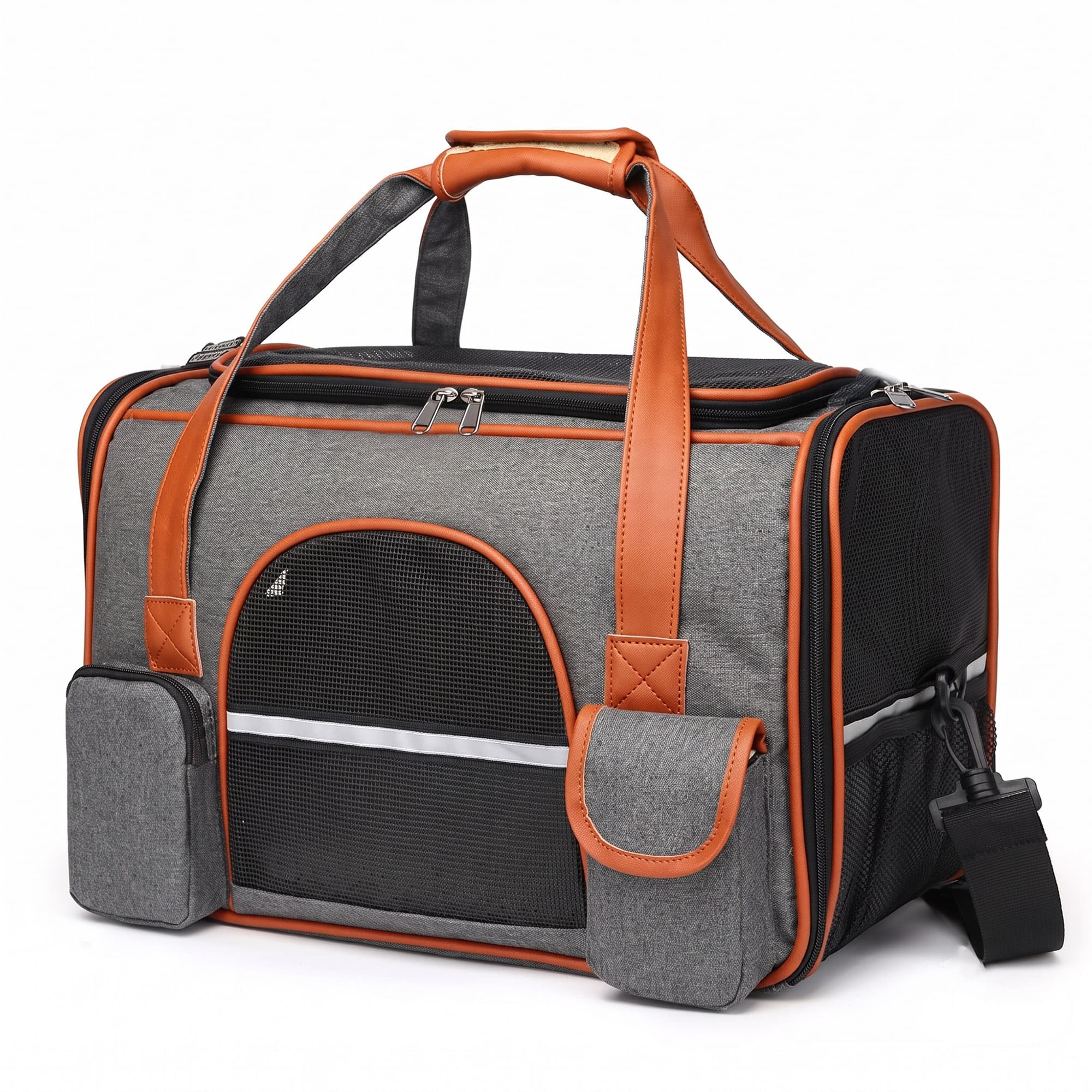 Blue breathable pet carrier tote with mesh windows and side storage pockets