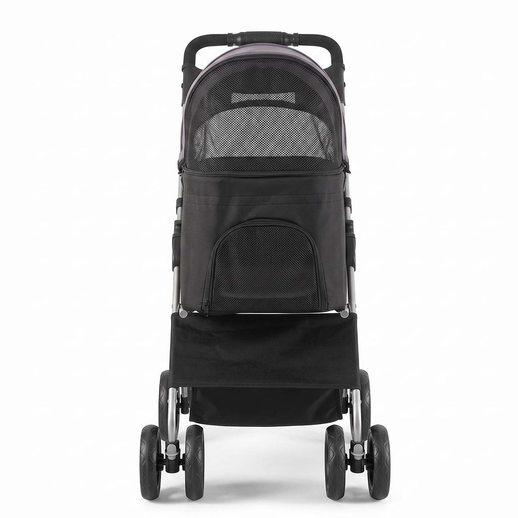 Rear view of foldable pet stroller with storage basket