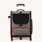 Gray wheeled pet carrier backpack with front mesh window and storage pocket