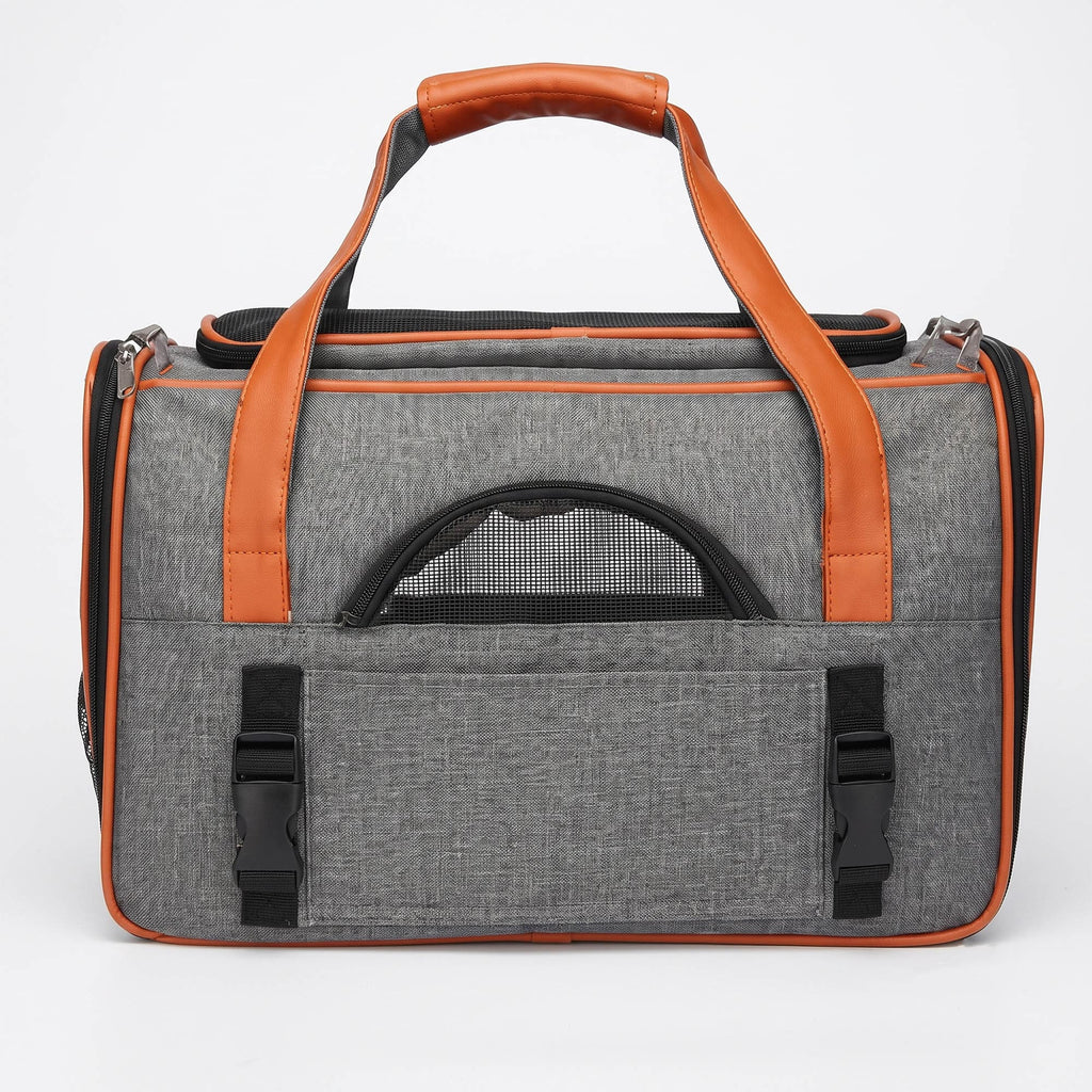 Gray breathable pet carrier tote with mesh windows and side storage pockets