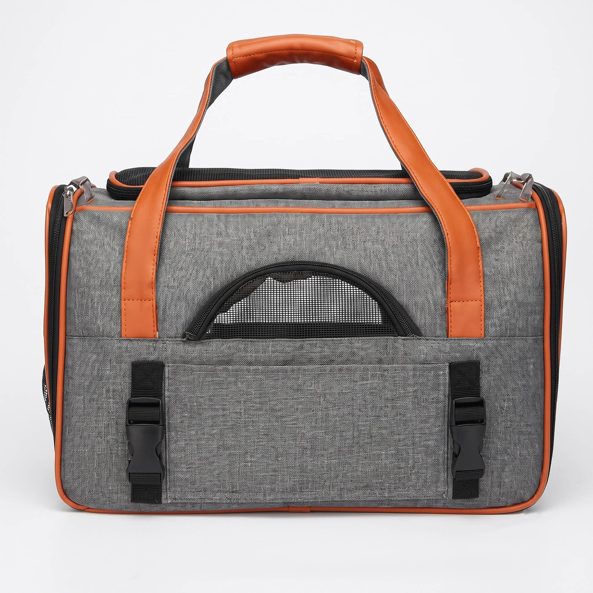 Gray breathable pet carrier tote with mesh windows and side storage pockets