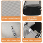 Pet carrier backpack details showing breathable mesh, side pockets, safety tether, and roll-up window